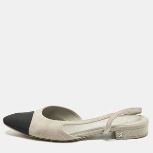 Chanel Cc Size 39 Grey/black Canvas And Suede Slingback Flats